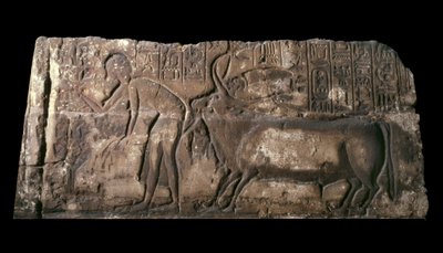 Sandstone Block Depicting Satepatenkhay Presenting a Sacrificial Bull by Egyptian 18th Dynasty